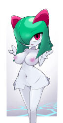 Rule 34 | 1girl, border, breasts, collarbone, colored skin, creatures (company), double v, female focus, game freak, gdaro, gen 3 pokemon, gradient background, green hair, grey background, groin, hair over one eye, hands up, happy, highres, kirlia, large breasts, legs, legs together, looking at viewer, medium hair, navel, nintendo, nipples, one eye covered, open mouth, outside border, pokemon, pokemon (creature), red eyes, shortstack, sidelocks, smile, solo, stomach, thighs, v, white border, white skin