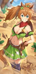 Rule 34 | 1girl, absurdres, animal ears, aqua eyes, armband, bandana, breasts, brown gloves, brown hair, brown hat, cactus, cleavage, desert, gloves, green armband, green skirt, hand on own hip, hat, hat on back, highres, horse ears, horse girl, horse tail, jeze, large breasts, looking at viewer, midriff, navel, outdoors, purple thighhighs, red bandana, short hair, side ponytail, skirt, solo, standing, taiki shuttle (umamusume), tail, thighhighs, umamusume