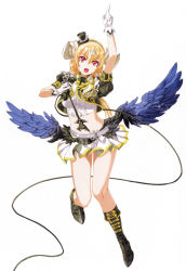 Rule 34 | 1girl, absurdres, ascot, belt, black footwear, black hat, black jacket, blonde hair, boots, breasts, crop top, cropped jacket, demon girl, feathered wings, full body, gloves, hair between eyes, hands up, hat, highres, holding, holding microphone, horns, idol, index finger raised, jacket, knee boots, large breasts, leg up, looking at viewer, low wings, lucifer (sin nanatsu no taizai), lucifer (the seven deadly sins), microphone, microphone stand, midriff, mini hat, miniskirt, music, navel, nishii (damnedrive), official art, open clothes, open jacket, open mouth, pointing, pointing up, puffy short sleeves, puffy sleeves, red eyes, scan, shirt, short sleeves, simple background, sin nanatsu no taizai, singing, skirt, smile, solo, spread wings, standing, standing on one leg, the seven deadly sins, white background, white gloves, white shirt, white skirt, wings