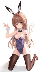 Rule 34 | 1girl, absurdres, animal ears, armband, black bow, black bowtie, black thighhighs, bow, bowtie, breasts, brown eyes, cleavage, covered navel, detached collar, grey leotard, heart, heart-shaped pupils, highres, kukeylove, leotard, light brown hair, long hair, looking at viewer, medium breasts, original, playboy bunny, rabbit ears, rabbit pose, rabbit tail, simple background, solo, strapless, strapless leotard, symbol-shaped pupils, tail, thighhighs, tongue, tongue out, white background, wrist cuffs