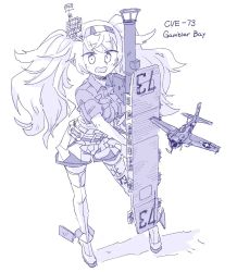 Rule 34 | 1girl, aircraft, airplane, belt, breast pocket, breasts, character name, collared shirt, english text, flight deck, fm-2 wildcat, full body, gambier bay (kancolle), greyscale, headband, headgear, kantai collection, large breasts, long hair, looking at viewer, monochrome, open mouth, pocket, radar, radar hair ornament, rigging, shirt, short sleeves, shorts, sleeves rolled up, solo, standing, thighhighs, twintails, white background