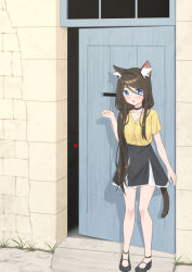 Rule 34 | 1girl, aina (mao lian), animal ear fluff, animal ears, black skirt, blue eyes, blush, breasts, brown hair, building, cat ears, cat tail, commentary request, dark room, day, full body, glowing, glowing eye, highres, long hair, looking at viewer, low twintails, mao lian (nekokao), mary janes, no socks, open door, open mouth, original, outdoors, shadow, shirt, shoes, short sleeves, skirt, small breasts, sunlight, tail, twintails, yellow shirt