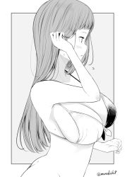 Rule 34 | 1girl, adjusting hair, arm up, bikini, blush, breasts, butt crack, from side, front-tie bikini top, front-tie top, greyscale, kichihachi, large breasts, long hair, monochrome, original, outside border, simple background, solo, straight hair, sweat, swimsuit, twitter username