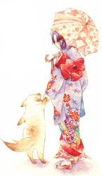 Rule 34 | 1girl, dog, full body, japanese clothes, kimono, original, painting (medium), solo, tabi, traditional media, uko (artist), umbrella, watercolor (medium), yufushi