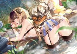 Rule 34 | 1girl, :o, aki663, antennae, ass, backless outfit, bare shoulders, bent over, black thighhighs, blonde hair, blue nails, blurry, blurry foreground, blush, bracelet, breast press, breasts, brown hair, butterfly wings, depth of field, dutch angle, from behind, garter straps, headgear, insect wings, jewelry, large breasts, long hair, looking at viewer, looking back, miniskirt, multicolored clothes, multicolored skirt, nail polish, no panties, onsen, open mouth, orange hair, original, pleated skirt, revealing clothes, rock, sideboob, skirt, solo, steam, thighhighs, two side up, very long hair, water, wings