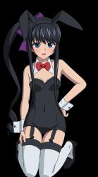Rule 34 | 10s, 1girl, animal ears, black hair, black hairband, black leotard, blue eyes, bow, bowtie, breasts, choker, cleavage, covered navel, fake animal ears, full body, garter straps, grey thighhighs, hair bow, hairband, hand on own hip, kneeling, leotard, long hair, looking at viewer, minamiya natsuki, open mouth, playboy bunny, purple bow, rabbit ears, red bow, red bowtie, side ponytail, sidelocks, small breasts, solo, strapless, strapless leotard, strike the blood, thighhighs, transparent background, very long hair, wrist cuffs