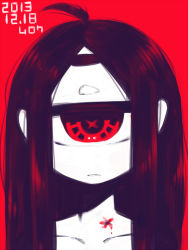 Rule 34 | 1girl, ahoge, closed mouth, completely nude, cyclops, dated, jitome, long hair, looking at viewer, monochrome, muku-chan (muroku), muroku (aimichiyo0526), nude, one-eyed, original, red background, red theme, signature, simple background, solo, upper body, x x