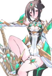 Rule 34 | absurdres, aegis sword (xenoblade), alternate costume, bare legs, bare shoulders, breasts, chest jewel, cleavage, cleavage cutout, clothing cutout, cosplay, dress, earrings, elbow gloves, gloves, highres, jewelry, juneplums, morag ladair (xenoblade), mythra (xenoblade), mythra (xenoblade) (cosplay), short dress, simple background, sword, thigh strap, tiara, weapon, white dress, white gloves, xenoblade chronicles (series), xenoblade chronicles 2