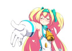 Rule 34 | 1girl, armpits, bell, blazblue, blonde hair, blush, closed eyes, foreshortening, gloves, hairband, kaname nagi, long hair, outstretched hand, platinum the trinity, ribbon, shirt, sleeveless, solo, twintails, two side up, very long hair