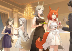 Rule 34 | 4girls, :d, ^ ^, animal ear fluff, animal ears, arknights, ashlock (arknights), black dress, breasts, brown hair, chandelier, character request, check character, cleavage, closed eyes, collarbone, commentary request, cup, curtains, dress, drinking glass, fartooth (arknights), flametail (arknights), grey eyes, grey hair, hair between eyes, highres, holding, holding cup, horns, indoors, liang chan xing make tu, multiple girls, open mouth, orange hair, purple dress, red eyes, single strap, small breasts, smile, standing, strapless, strapless dress, swept bangs, tail, white dress, wild mane (arknights), window, wine glass