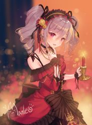 Rule 34 | 1girl, :d, bad id, bad pixiv id, bare shoulders, black bow, blurry, blurry background, bow, candle, collarbone, commentary request, depth of field, dress, drill hair, earrings, fire, flower, frilled dress, frills, glint, grey hair, hair between eyes, hair flower, hair ornament, hand up, heart, heart earrings, highres, holding, idolmaster, idolmaster cinderella girls, jewelry, kanzaki ranko, long sleeves, looking at viewer, manle, off-shoulder dress, off shoulder, open mouth, purple eyes, red dress, rose, signature, smile, solo, striped, striped bow, twin drills, twintails, wrist cuffs, yellow flower, yellow rose