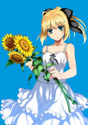 Rule 34 | 1girl, ahoge, alternate costume, artoria pendragon (all), artoria pendragon (fate), bare arms, bare shoulders, blonde hair, blue background, cowboy shot, dress, fate/stay night, fate (series), floating hair, flower, green eyes, hair ribbon, holding, long hair, looking at viewer, namonashi, ponytail, ribbon, saber (fate), simple background, smile, solo, spaghetti strap, sunflower, white dress