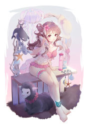 Rule 34 | 1girl, absurdres, animal ears, ankleband, arknights, bikini, bottle, brown hair, conch, eyjafjalla (arknights), eyjafjalla (summer flower) (arknights), flower, hair flower, hair ornament, highres, holding, holding shell, horns, hourglass, infection monitor (arknights), charm (object), long hair, looking at viewer, navel, off-shoulder bikini, off shoulder, official alternate costume, parted lips, pink bikini, pink eyes, pink flower, qing shi mang xue (user faem7575), sarong, sheep, sheep ears, sheep girl, sheep horns, shell, sitting, solo, stomach, swimsuit, thigh strap, white sarong