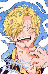 Rule 34 | 1boy, ^ ^, ^o^, blonde hair, cigarette, closed eyes, confetti, closed eyes, facial hair, hair over one eye, happy birthday, highres, holding, holding cigarette, male focus, one piece, ponko517, sanji (one piece), smoke, solo