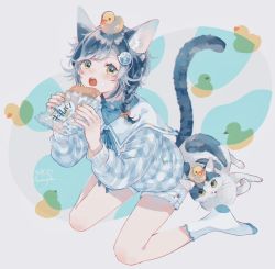 Rule 34 | 1girl, amenojaku, animal ears, black hair, blush, bow, braid, cat, cat day, cat ears, cat girl, cat tail, collared shirt, eating, food, hair bow, hair ornament, hairclip, highres, long sleeves, looking at viewer, multicolored background, open mouth, orange eyes, original, pale skin, rubber duck, shirt, shorts, socks, solo, tail