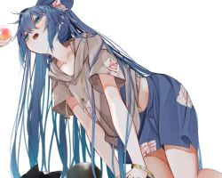Rule 34 | 2girls, all fours, animal ears, blue bow, blue eyes, blue hair, blue skirt, blush, bow, bowl, cat ears, collarbone, debt, feet out of frame, fingernails, food, fruit, grey hoodie, hair between eyes, hand up, highres, hinanawi tenshi, hood, hoodie, long hair, looking at another, multiple girls, navel, open mouth, peach, short sleeves, simple background, skirt, solo focus, stuffed animal, stuffed toy, teeth, tongue, touhou, tsune (tune), white background, yorigami shion