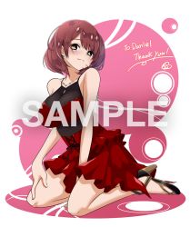 Rule 34 | 1girl, black footwear, blush, breasts, bright pupils, brown eyes, brown hair, collarbone, commentary, commission, dress, earrings, english commentary, hand on own leg, high heels, jewelry, kamon rider, large breasts, leaning forward, original, red dress, sample watermark, short hair, sitting, skeb commission, smile, solo, wariza, watermark, white pupils