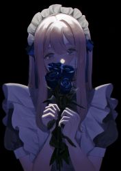 Rule 34 | 1girl, absurdres, apron, bandaid, bare arms, black background, black dress, blue flower, blue ribbon, blue rose, covered mouth, dark, dress, flower, flower over mouth, grey eyes, hair between eyes, hair ribbon, highres, holding, holding flower, injury, long hair, looking at viewer, maid, maid apron, maid headdress, nail polish, original, pink hair, puffy short sleeves, puffy sleeves, ribbon, rose, sad, short sleeves, simple background, solo, upper body, w arms, white apron, youichi (45 01)