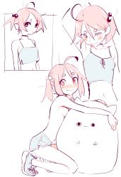 Rule 34 | 1girl, absurdres, ahoge, blush, breasts, choker, dolphin shorts, eds, female focus, flat color, hair bobbles, hair ornament, happy (eds), highres, limited palette, looking at viewer, original, pink eyes, pink hair, shorts, small breasts, smile, solo, topless, twintails