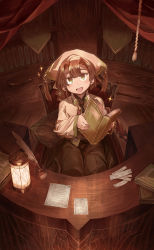 Rule 34 | 1girl, :d, bad id, bad pixiv id, book, bookshelf, braid, brown eyes, brown hair, chair, green eyes, head scarf, head tilt, highres, holding, holding book, ink bottle, lantern, library, long sleeves, looking at viewer, multicolored eyes, open book, open mouth, original, paper, quill, shichigatsu, single braid, sitting, smile, solo