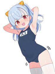 1girl :d absurdres aningay_(vtuber) blue_hair blue_one-piece_swimsuit blush covered_navel highres indie_virtual_youtuber lk149 looking_at_viewer medium_hair one-piece_swimsuit open_mouth red_eyes simple_background smile solo standing swimsuit thighhighs virtual_youtuber white_background white_thighhighs