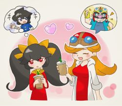 Rule 34 | +++, 2boys, 2girls, ashley (warioware), black hair, blue eyes, boots, brown headwear, coat, cup, disposable cup, dress, drinking straw, closed eyes, facial hair, facing viewer, fingerless gloves, gloves, goggles, goggles on headwear, grin, head tilt, heart, helmet, highres, imagining, long hair, looking at viewer, mona (warioware), multiple boys, multiple girls, mustache, nintendo, orange hair, red dress, red eyes, smile, speech bubble, spoken character, tagme, thought bubble, twintails, wario, warioware, white coat, yellow gloves, yellow headwear, young cricket