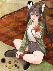 Rule 34 | 1girl, acorn, alternate costume, blush, boots, brown eyes, brown footwear, brown hair, brown socks, day, grey shorts, hair between eyes, highres, holding, holding leaf, jacket, kantai collection, leaf, long hair, long sleeves, looking at viewer, open clothes, open jacket, open mouth, outdoors, picnic, picnic basket, pinecone, plaid, plaid jacket, shirt, shishanmo, shorts, sitting, socks, solo, tone (kancolle), twintails, very long hair, white shirt