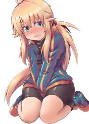 Rule 34 | 1girl, ahoge, between legs, bike shorts, blonde hair, blue eyes, blue jacket, blush, boots, embarrassed, hand between legs, highres, jacket, koshirae tsurugi (m.m), long hair, looking at viewer, m.m, multicolored eyes, open mouth, original, ponytail, shorts, simple background, sitting, socks, solo, thighs, v arms, wavy mouth, white background