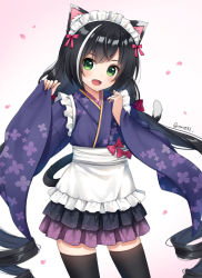 Rule 34 | 1girl, :d, animal ears, anz32, apron, bad id, bad pixiv id, black hair, black thighhighs, blue kimono, blush, bow, cat ears, cat girl, cat tail, commentary request, commission, fang, floral print, frilled apron, frills, gradient background, green eyes, hair bow, hands up, japanese clothes, karyl (princess connect!), kimono, long hair, long sleeves, looking at viewer, low twintails, maid, maid headdress, multicolored hair, open mouth, petals, pinching sleeves, pink background, princess connect!, print kimono, red bow, ringlets, sleeves past wrists, smile, solo, streaked hair, tail, thighhighs, twintails, twitter username, very long hair, wa maid, white apron, white background, white hair, wide sleeves