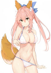 Rule 34 | 10s, 1girl, absurdres, animal ear fluff, animal ears, bikini, bikini pull, bow, breasts, brown eyes, cleavage, clothes pull, contrapposto, cowboy shot, fang, fang out, fate/extra, fate/grand order, fate (series), fox ears, fox tail, hair between eyes, hair bow, highres, large breasts, looking at viewer, navel, outstretched hand, pink hair, silver (chenwen), simple background, smile, solo, standing, swimsuit, tail, tamamo (fate), tamamo no mae (fate/extra), tamamo no mae (swimsuit lancer) (fate), twintails, white background, white bikini