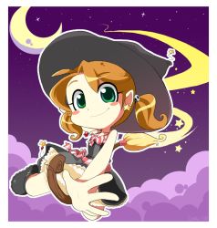 Rule 34 | 1girl, bow, broom, brown hair, cloud, crescent moon, dress, full body, green eyes, hat, jewelry, moon, necklace, night, original, outstretched hand, samu-chan, short hair, sky, smile, solo, star (symbol), striped, striped bow, twintails, witch, witch hat