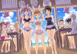 Rule 34 | 6+girls, :d, ;), ^ ^, animal ear hairband, animal ears, anyoji hime, anyoji hime (swimsuit), apron, beach house, bikini, black bow, black hair, black one-piece swimsuit, blonde hair, blue bikini, blue eyes, blue hair, blue one-piece swimsuit, blue shorts, blue sky, blunt bangs, blunt ends, bow, breasts, brown hair, cake, casual one-piece swimsuit, cat ear hairband, cat ears, cerise bouquet, child&#039;s drawing, cleavage, closed eyes, closed mouth, cloud, commentary request, cross-laced clothes, cross-laced one-piece swimsuit, crossed bangs, cumulonimbus cloud, dark blue hair, day, dollchestra, dutch angle, eyewear on head, facing another, facing viewer, fake animal ears, feeding, feet out of frame, flip-flops, flipped hair, food, fox ears, frilled bikini, frills, fujishima megumi, fujishima megumi (swimsuit), gluteal fold, gradient clothes, gradient hair, gradient jacket, green eyes, green ribbon, grey hair, hair bow, hair bun, hair ornament, hair ribbon, hair scrunchie, hairband, hairclip, half up braid, hand on own cheek, hand on own face, handkerchief, heart, heart-shaped eyewear, highres, hinoshita kaho, hinoshita kaho (swimsuit), holding, holding handkerchief, holding tray, jacket, jacket on shoulders, kachimachi kosuzu, kachimachi kosuzu (swimsuit), light blue hair, link! like! love live!, long hair, long sleeves, looking at another, looking at viewer, love live!, low twintails, medium breasts, medium hair, miniapron, mira-cra park!, mismatched bikini, momose ginko, momose ginko (swimsuit), multi-strapped bikini bottom, multi-strapped bikini top, multi-tied hair, multicolored clothes, multicolored hair, multicolored jacket, multiple girls, murano sayaka, murano sayaka (swimsuit), no jacket, official alternate costume, official alternate hairstyle, on bench, one-piece swimsuit, one eye closed, open mouth, osawa rurino, osawa rurino (swimsuit), otomune kozue, otomune kozue (swimsuit), pink-framed eyewear, pink-tinted eyewear, pink bikini, pink hair, pink jacket, ponytail, purple bikini, purple eyes, purple hair, purple jacket, purple scrunchie, qy73, rabbit ear hairband, rabbit ears, rabbit hair ornament, red eyes, red hair, ribbon, sandals, scrunchie, self borrowed hairstyle, short-sleeved jacket, short hair, short shorts, short sleeves, shorts, sidelocks, single hair bun, single sidelock, sitting, sky, smile, split mouth, standing, streaked hair, sunglasses, swept bangs, swimsuit, swimsuit skirt, teeth, tinted eyewear, tray, twintails, upper teeth only, virtual youtuber, waist apron, white-framed eyewear, white bikini, white jacket, yellow bikini, yugiri tsuzuri, yugiri tsuzuri (swimsuit)