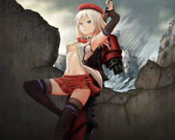 Rule 34 | 10s, 1girl, alisa ilinichina amiella, armpits, arms behind head, arms up, beret, black gloves, black thighhighs, blonde hair, blue eyes, boots, breasts, broken wall, building, checkered clothes, checkered skirt, concrete, elbow gloves, fingerless gloves, gloves, god eater, god eater 2: rage burst, hat, huge weapon, ju go (toamariitutu), long hair, looking at viewer, midriff, navel, open clothes, open shirt, plaid, plaid skirt, pleated skirt, shirt, sideboob, silver hair, skirt, skyscraper, sleeveless, solo, standing, thigh boots, thighhighs, underboob, wall, weapon, zettai ryouiki