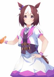 Rule 34 | 1girl, ahoge, animal ears, braid, brown hair, carrot, clenched hands, collared shirt, commentary request, cowboy shot, french braid, hair between eyes, hand on own hip, highres, holding, holding carrot, horse ears, horse girl, horse tail, jacket, looking at viewer, miya star saa, open clothes, open jacket, open mouth, petticoat, pleated skirt, puffy short sleeves, puffy sleeves, purple eyes, purple ribbon, ribbon, sailor collar, shirt, short hair, short sleeves, simple background, skirt, smile, solo, special week (umamusume), tail, umamusume, white background, white jacket, white skirt, wrist cuffs