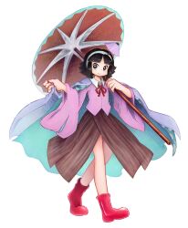 Rule 34 | 1other, amanomiya jun, androgynous, aqua cape, bare legs, black eyes, black hair, blunt bangs, blunt ends, boots, bow, bowtie, brown skirt, cape, cape hold, chikafumikou, closed mouth, collared shirt, commentary request, earthen miraculous sword, full body, hairband, hakama, hakama skirt, highres, holding, holding umbrella, japanese clothes, len&#039;en, len'en, long sleeves, looking at viewer, oil-paper umbrella, other focus, parted bangs, pink shirt, pink sleeves, polka dot capelet, red bow, red bowtie, red footwear, red umbrella, rubber boots, shirt, short hair, simple background, skirt, smile, solo, two-sided cape, two-sided fabric, umbrella, umbrella hair ornament, white background, white cape, white hairband, white undershirt, wide sleeves