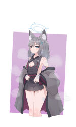 Rule 34 | 1girl, absurdres, animal ear fluff, animal ears, ass, bare shoulders, bell, blue archive, blue eyes, blue halo, blush, breasts, cleavage, closed mouth, clothing cutout, cosplay, cross hair ornament, detached sleeves, extra ears, feet out of frame, grey hair, grey sleeves, hair ornament, halo, highres, jingle bell, medium breasts, medium hair, shiroko (blue archive), shuro (blue archive), shuro (blue archive) (cosplay), sidelocks, smile, solo, suecovsky, wolf ears