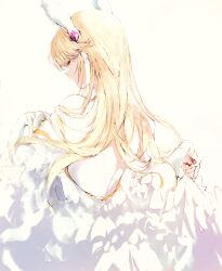 Rule 34 | 1girl, agulo, back, backlighting, blonde hair, dress, elbow gloves, frilled dress, frills, from behind, gloves, highres, long hair, off shoulder, pale color, pale skin, rance (series), rance ix, shaded face, sheila helman, simple background, skirt hold, solo, white background