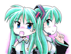 Rule 34 | 2girls, bad id, bad pixiv id, bare shoulders, blue eyes, blush, cosplay, detached sleeves, frills, green eyes, green hair, hatsune miku, hatsune miku (cosplay), headset, hiiragi kagami, long hair, lucky star, microphone, multiple girls, necktie, norio, norio (459factory), open mouth, pointing, profile, simple background, smile, traditional media, tsurime, twintails, vocaloid