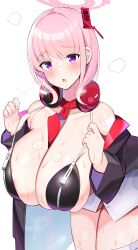 Rule 34 | 1girl, absurdres, barcode, between breasts, black jacket, blue archive, blush, breasts, cleavage, collarbone, commentary request, eimi (blue archive), halo, headphones, headphones around neck, highres, huge breasts, jacket, jakko, looking at viewer, necktie, necktie between breasts, open mouth, pink hair, purple eyes, red necktie, shirt, simple background, skindentation, solo, standing, sweat, thighhighs, white background, white shirt, white thighhighs, zipper