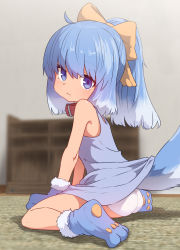 Rule 34 | 1girl, :3, ahoge, animal hands, blue dress, blue eyes, blue hair, blurry, blush, bow, collar, depth of field, dog tail, dress, from side, gloves, gradient hair, hair bow, highres, inu-t, long hair, looking at viewer, looking back, multicolored hair, os-tan, panties, paw gloves, paw shoes, ponytail, shoes, solo, sumiyao (amam), tail, underwear, white hair, yellow bow