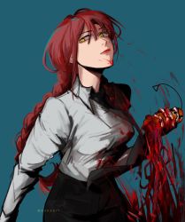 Rule 34 | 1girl, black necktie, blood, blood on clothes, blood on face, blood splatter, braid, braided ponytail, breasts, brown hair, business suit, chainsaw man, expressionless, formal, hair between eyes, heart, highres, long hair, looking at viewer, makima (chainsaw man), medium breasts, necktie, pochita (chainsaw man), ringed eyes, shirt tucked in, solo, suit, yellow eyes, zeeaart