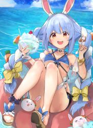 Rule 34 | 1girl, :d, animal ear fluff, animal ears, bad feet, bad id, bad pixiv id, bare shoulders, bikini, blue bikini, blue hair, blue ribbon, blush, bow, braid, breasts, carrot, carrot hair ornament, carrot print, cherry, choker, cleavage, cloud, cloudy sky, collarbone, commentary request, convenient leg, cup, damu (dapeach), day, don-chan (usada pekora), food, food-themed hair ornament, food print, fruit, hair bow, hair ornament, heart, heart choker, highres, holding, holding cup, holding spoon, hololive, horizon, legband, long hair, looking at viewer, multicolored hair, open mouth, orange eyes, outdoors, pekomon (usada pekora), pom pom (clothes), rabbit-shaped pupils, rabbit ears, rabbit girl, ribbon, sandals, shaved ice, sidelocks, silver hair, sky, small breasts, smile, solo, spoon, swimsuit, symbol-shaped pupils, teeth, thick eyebrows, twin braids, twintails, two-tone hair, upper teeth only, usada pekora, v-shaped eyebrows, very long hair, virtual youtuber, water, white choker, yellow bow