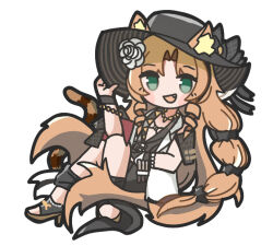 Rule 34 | 1girl, animal ear fluff, animal ears, arknights, banbon, black hat, black one-piece swimsuit, braid, casual one-piece swimsuit, chibi, drill hair, drill sidelocks, ears through headwear, full body, green eyes, hat, knees up, long hair, looking at viewer, one-piece swimsuit, open mouth, orange hair, sandals, sidelocks, simple background, smile, solo, swimsuit, swimsuit cover-up, swire (arknights), swire the elegant wit (arknights), tail, tiger ears, tiger girl, tiger tail, very long hair, white background