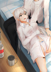 Rule 34 | 1boy, 1girl, absurdres, barcode, barcode tattoo, bed, black pants, bottle, breasts, collarbone, cup, girls&#039; frontline, grey eyes, grey hair, hair ornament, hairclip, hand on another&#039;s head, hand on headwear, hand up, highres, huge filesize, jewelry, long hair, looking up, medium breasts, muteppona hito, navel, no pants, panties, pants, ring, room, shirt, svd (girls&#039; frontline), table, tattoo, underwear, white panties, white shirt