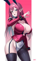 Rule 34 | 1girl, absurdres, animal ears, asymmetrical legwear, bare shoulders, breasts, choker, cleavage, contrapposto, corset, detached sleeves, baobhan sith (fate), fate/grand order, fate (series), garter straps, gradient background, grey eyes, groin, hair intakes, highres, huge breasts, kurozawa yui, long hair, long sleeves, looking at viewer, nail polish, no bra, no panties, open mouth, pantyhose, pink hair, pointy ears, rabbit ears, sidelocks, signature, single thighhigh, solo, thick thighs, thighband pantyhose, thighhighs, thighs, wide hips