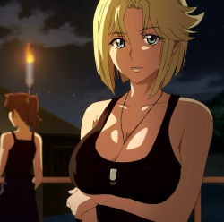 Rule 34 | 2girls, anime coloring, bare shoulders, between breasts, blonde hair, blue eyes, breast hold, breasts, cleavage, dog tags, highres, large breasts, looking at viewer, multiple girls, muv-luv, parted lips, screencap, short hair, solo focus, stella bremer, tank top