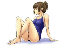 Rule 34 | 1girl, arm support, barefoot, brown eyes, brown hair, competition school swimsuit, feet, kouda tomohiro, one-piece swimsuit, original, school swimsuit, short hair, short ponytail, sitting, solo, swimsuit