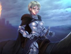 Rule 34 | 1girl, animal, armor, black cape, blonde hair, boobplate, breastplate, cape, closed mouth, cloud, cloudy sky, female knight, fur trim, gauntlets, green eyes, highres, horiishi horuto, horse, horseback riding, knight, original, outdoors, plate armor, riding, saddle, sheath, sheathed, short hair, sky, solo, sword, weapon
