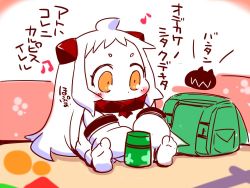 Rule 34 | 10s, 1girl, abyssal ship, ahoge, backpack, bag, beamed quavers, blush stickers, chibi, collar, comic, commentary request, dress, enemy aircraft (kancolle), horns, kantai collection, long hair, mittens, musical note, northern ocean princess, orange eyes, quaver, randoseru, sako (bosscoffee), sitting, sleeveless, sleeveless dress, thermos, translation request, white hair