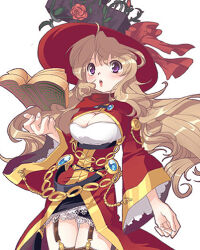 Rule 34 | 1girl, black skirt, blonde hair, blue gemstone, blush, book, breasts, chain, cleavage, coat, commentary request, cowboy shot, cross, evil druid (ragnarok online), floating, floating book, floating object, flower, garter straps, gem, gold, hat, hat ribbon, humanization, korean commentary, lace, lace-trimmed skirt, lace trim, large breasts, long hair, long sleeves, looking at viewer, matsuki ringo, miniskirt, official art, open mouth, purple eyes, ragnarok online, red coat, red flower, red hat, red ribbon, red rose, ribbon, rose, simple background, skirt, solo, white background